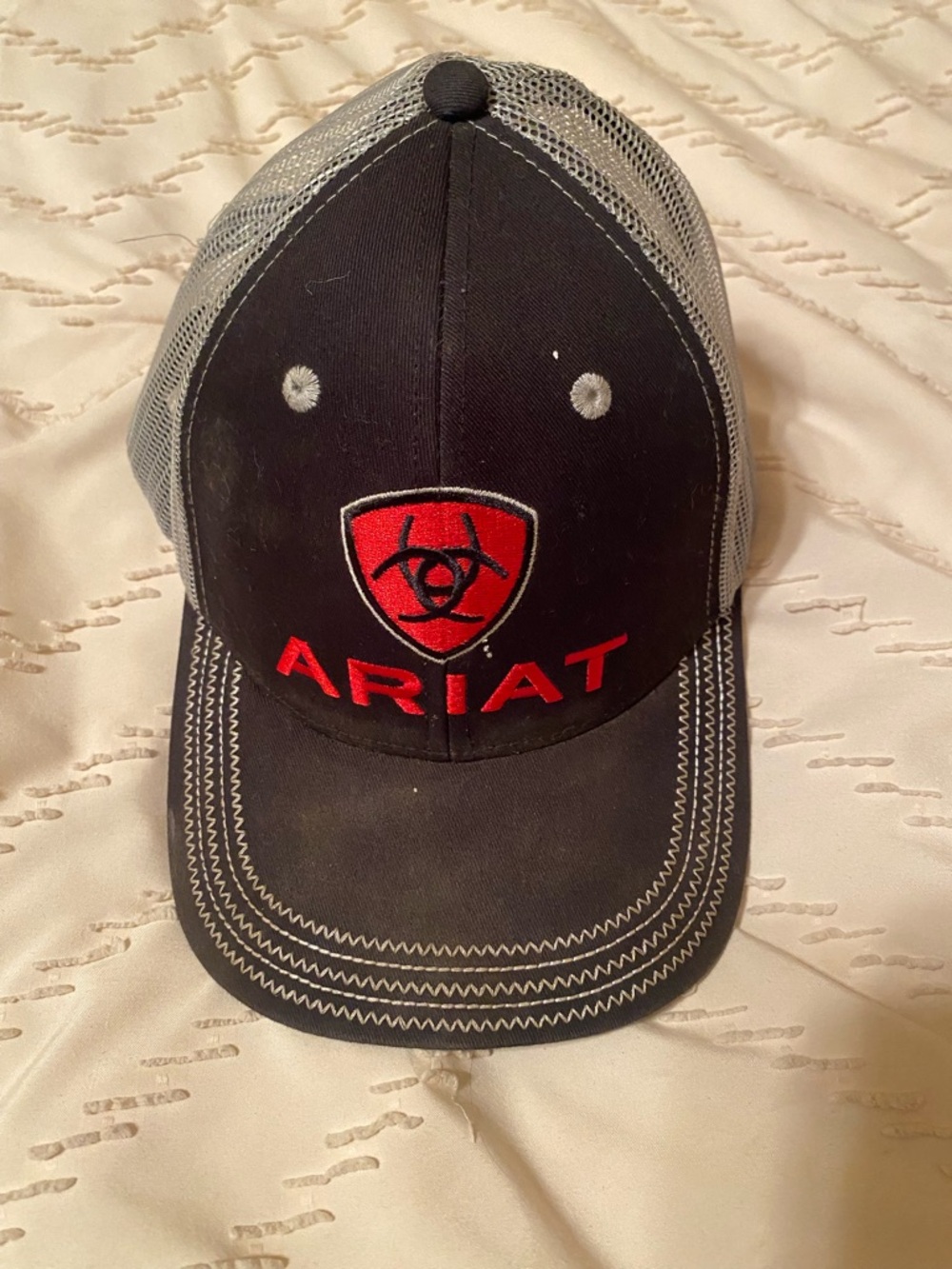 Ariat Black and Gray Trucker Cap with Red Logo